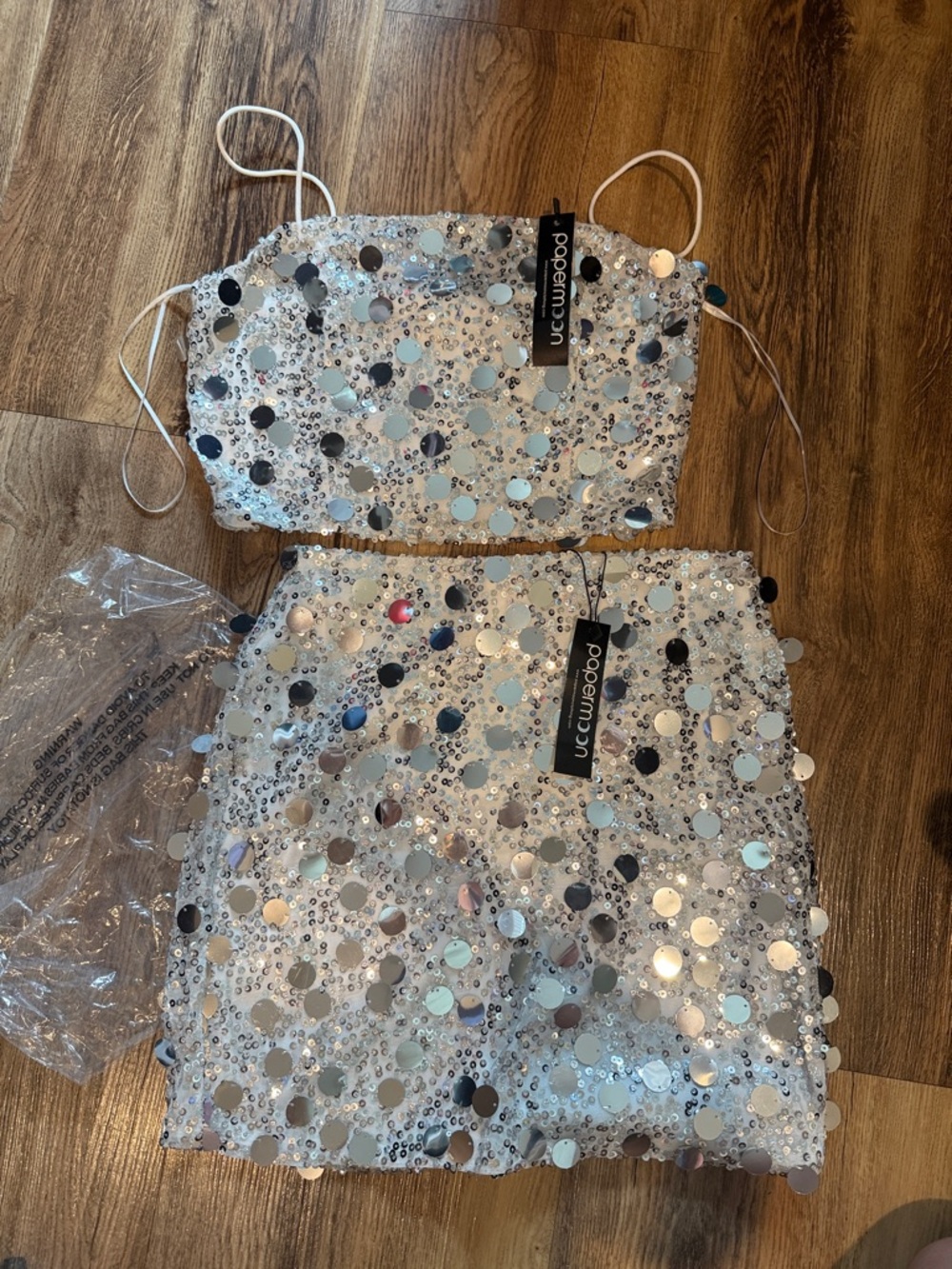 Papermoon Silver Sequin Two-Piece Crop Top & Mini Skirt Set